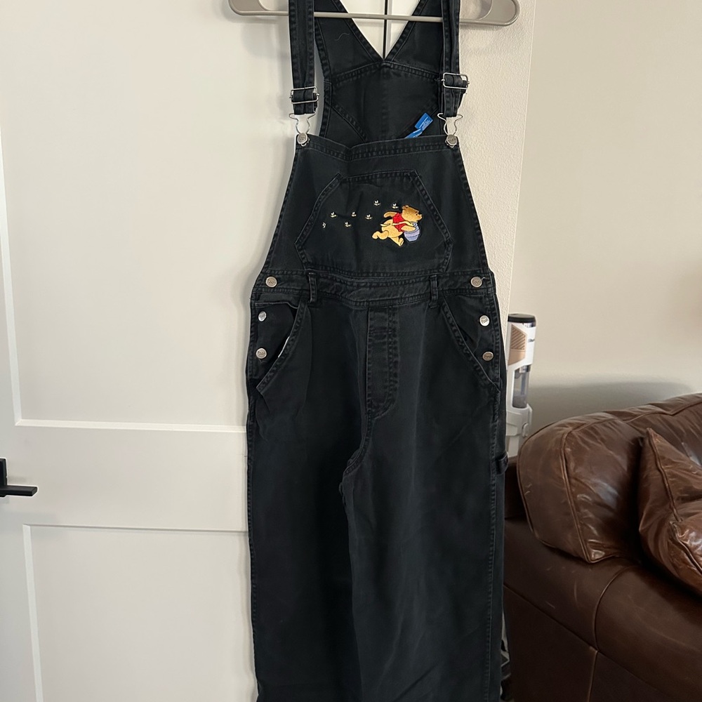 VINTAGE Winnie the Pooh. Black Denim Overalls with Floral Embroidery